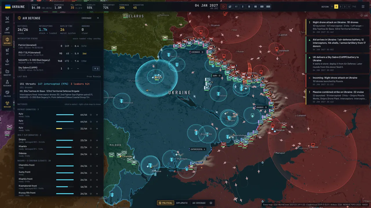The air-defence panel listing batteries and interceptor stocks, with coverage rings over Ukraine.