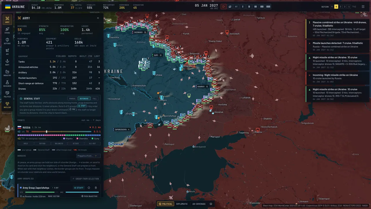 The game interface with the army panel open beside a map of Ukraine coloured by control.