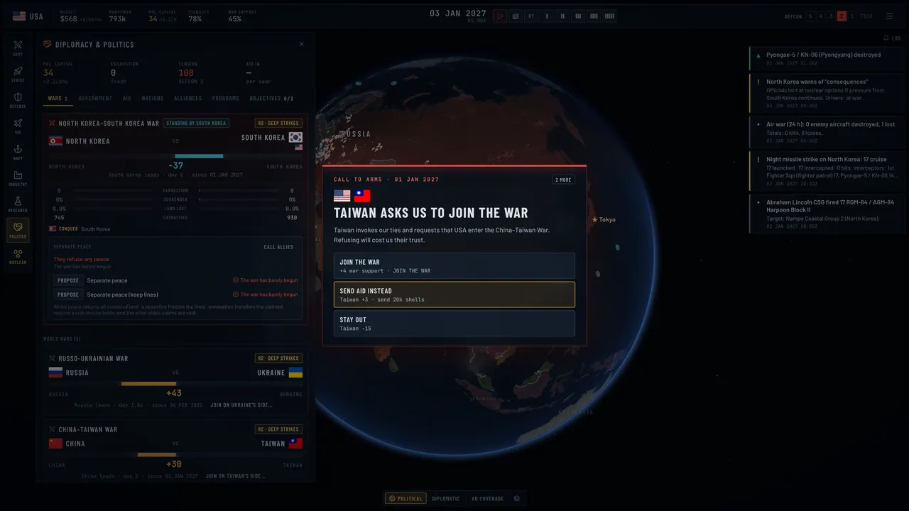 A diplomacy dialog over the globe announcing that Taiwan asks the United States to join the war.