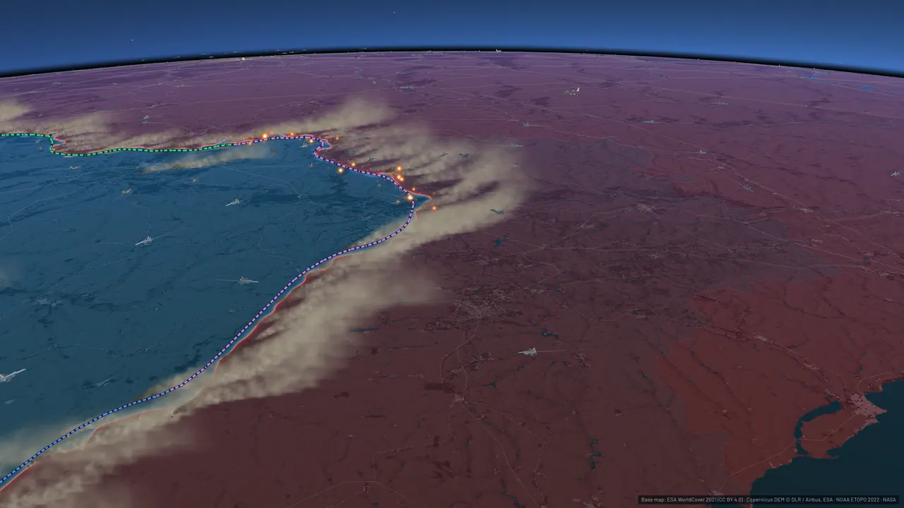 Terrain map of eastern Ukraine with Russian-held ground in red and the front line along its edge.