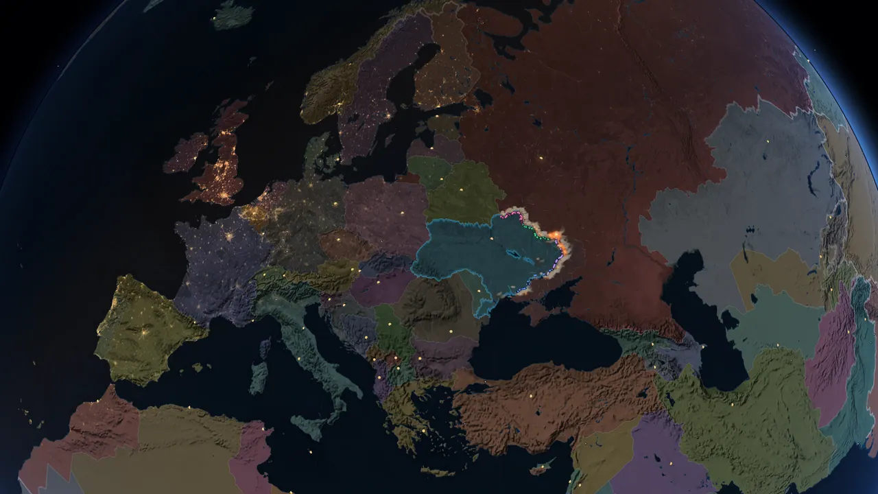 Europe from orbit with every country in its own colour and fighting in the east.