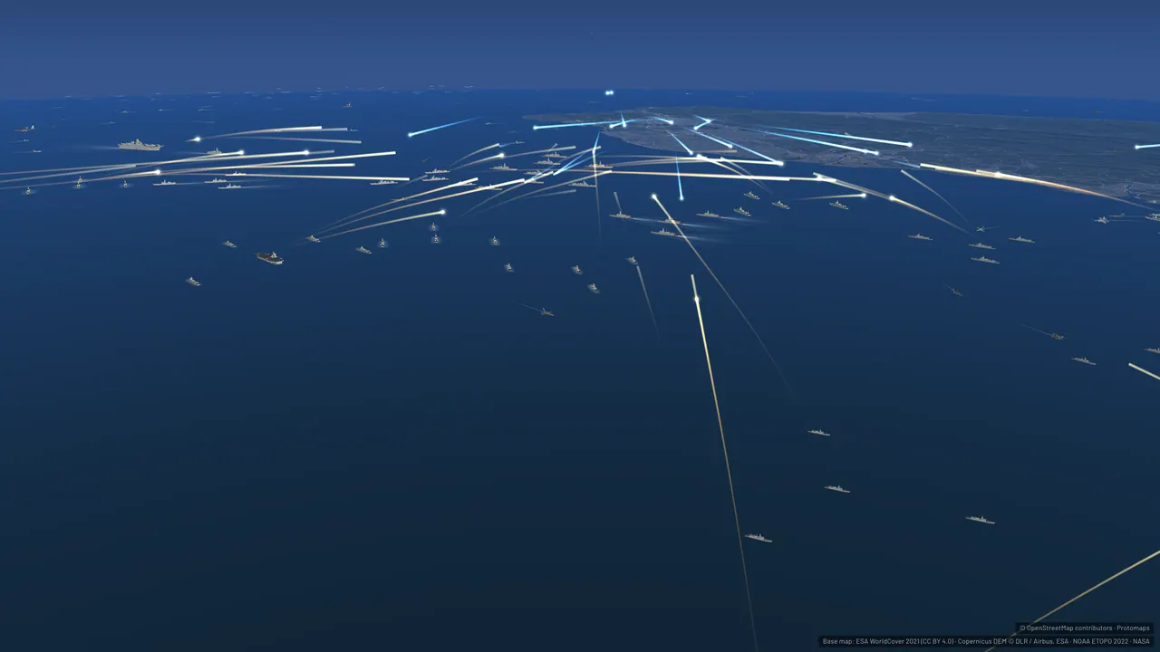 Dozens of missile trails leaving a line of warships over open sea.