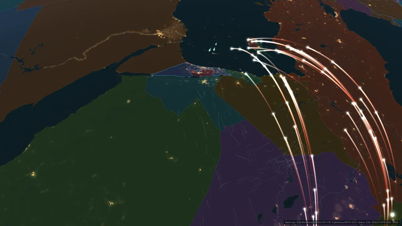 Bright ballistic missile arcs crossing the Middle East toward Israel.