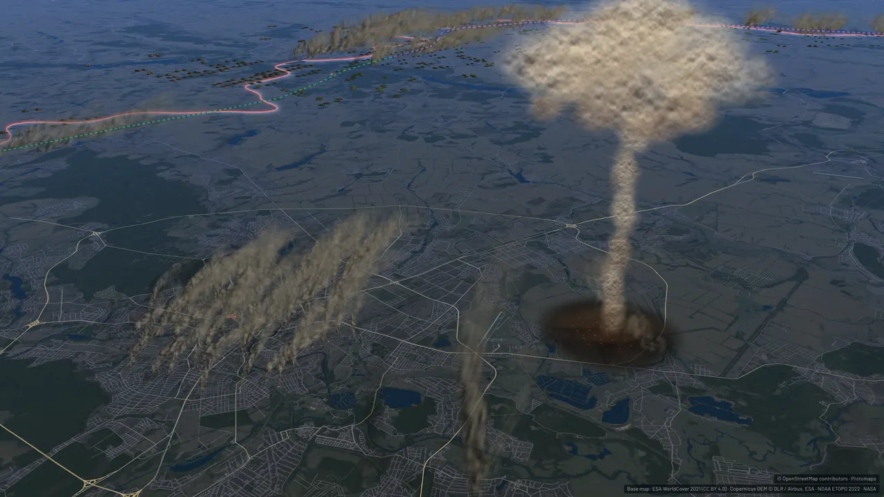 A mushroom cloud rising over farmland and forest near Kharkiv, with a scorched ring at its base.