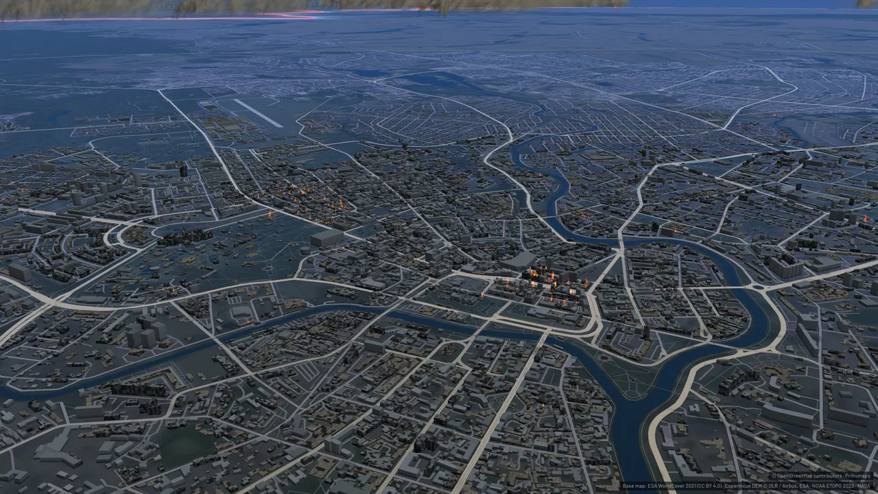 Street-level map of Kharkiv with dark craters and burning blocks across the city.