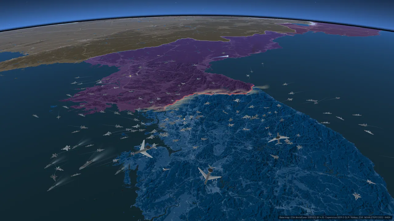 The Korean peninsula split in purple and blue, with aircraft and missile tracks near the border.