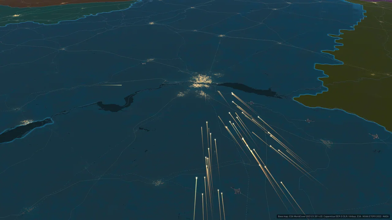 Night view of Kyiv with drone and missile tracks converging on the city lights.