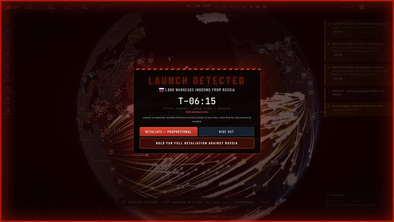 A red full-screen launch warning with a countdown and two choices, over the globe.