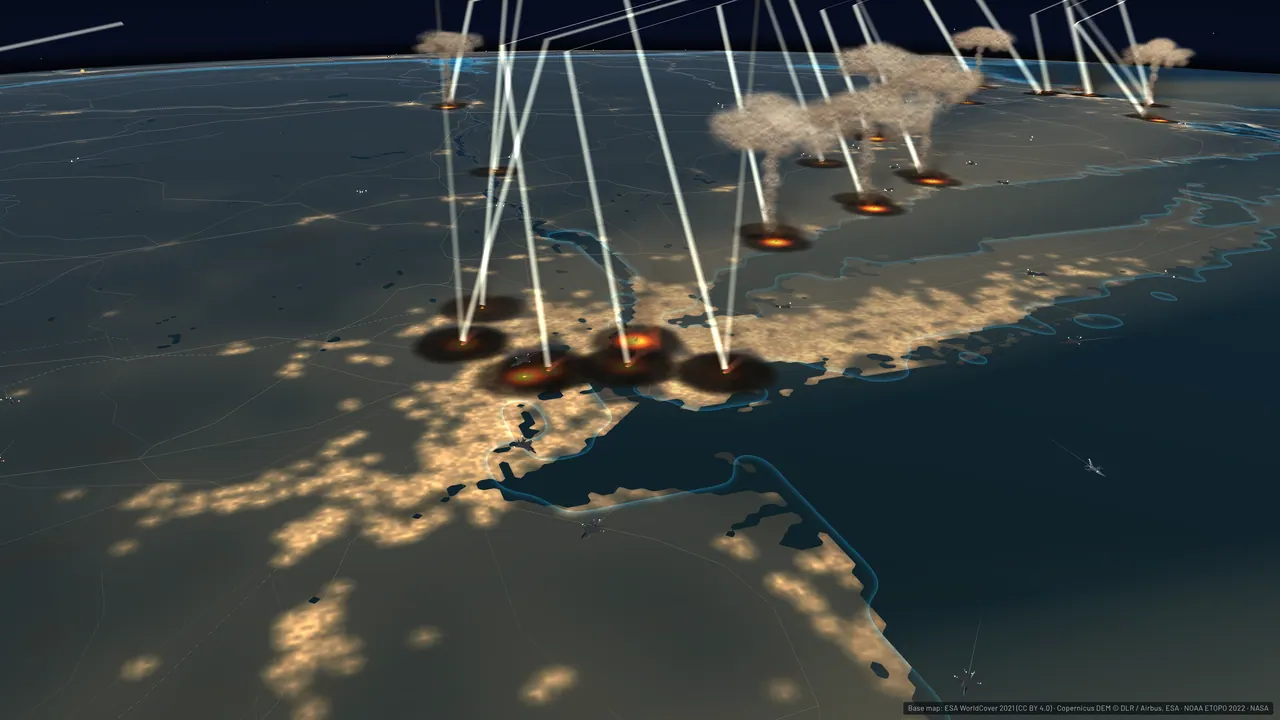 Several mushroom clouds and glowing ground bursts over the New York metropolitan area.