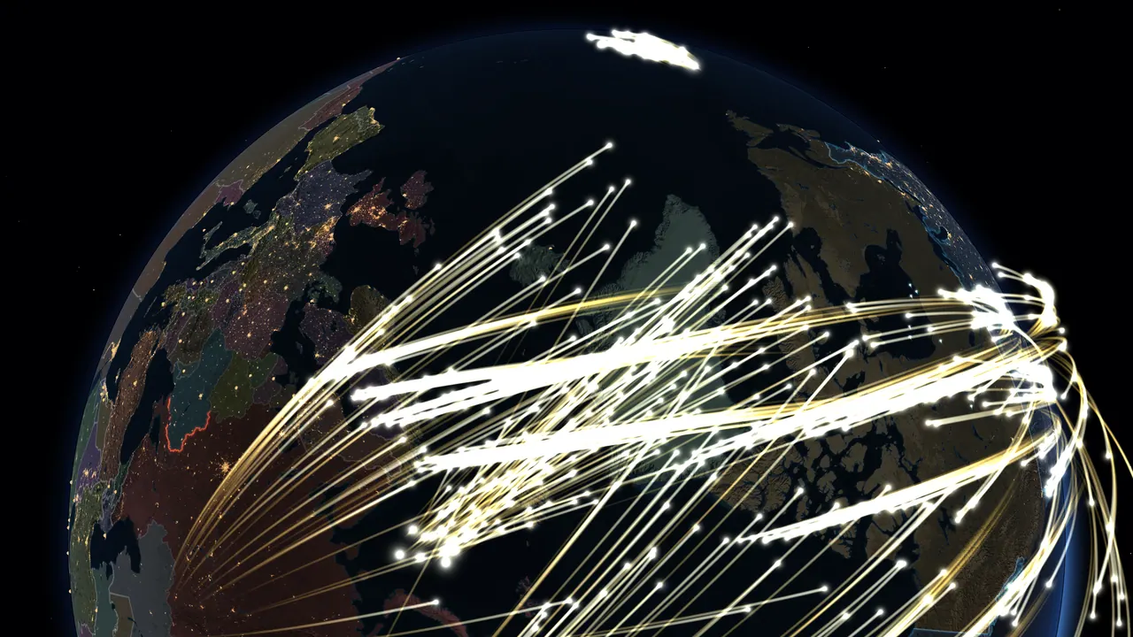 Hundreds of missile trails arc over the North Pole on the night side of the globe.