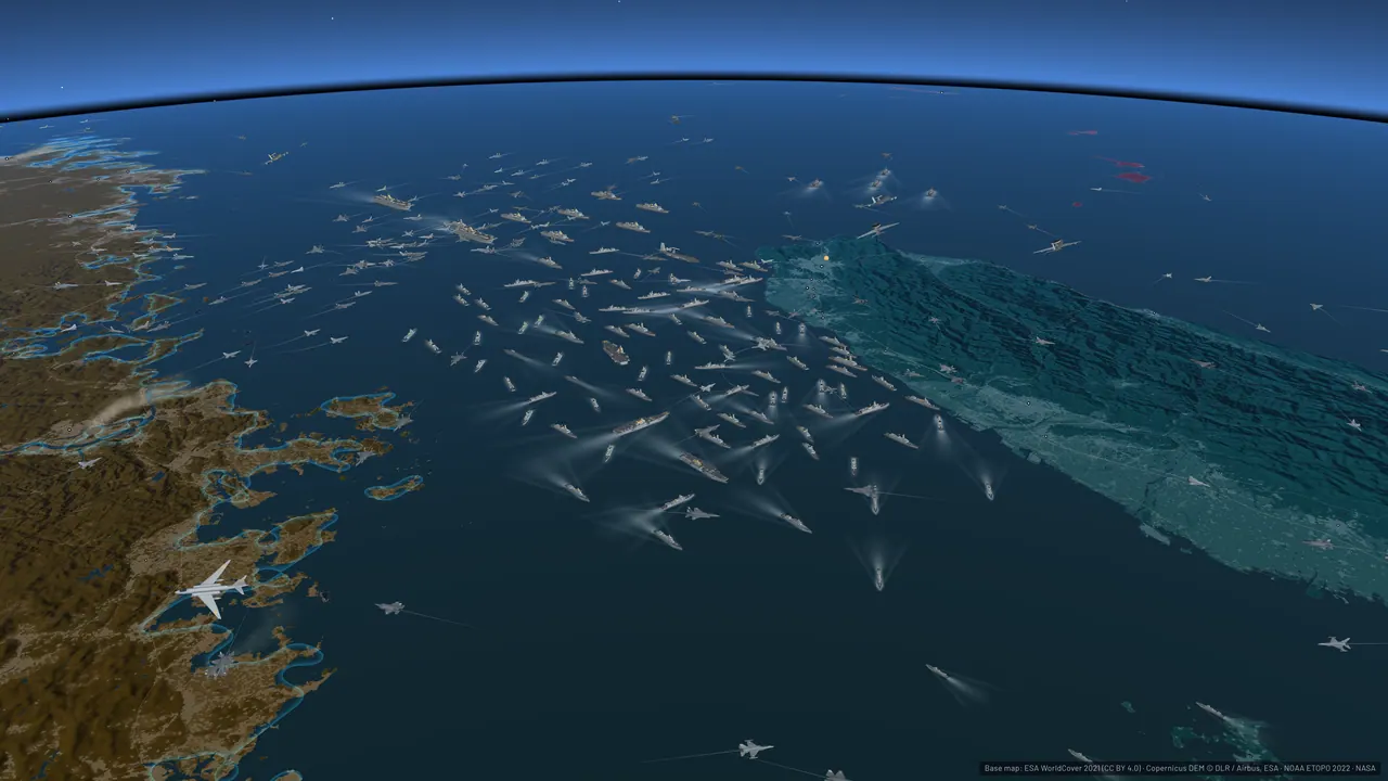 Oblique view across the Taiwan Strait with ship and aircraft tracks over blue water.