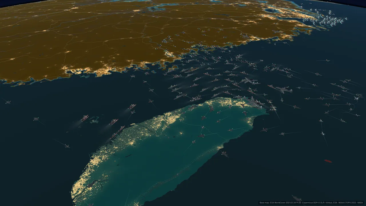Taiwan at night between the Chinese coast and the Pacific, with task-force tracks in the strait.