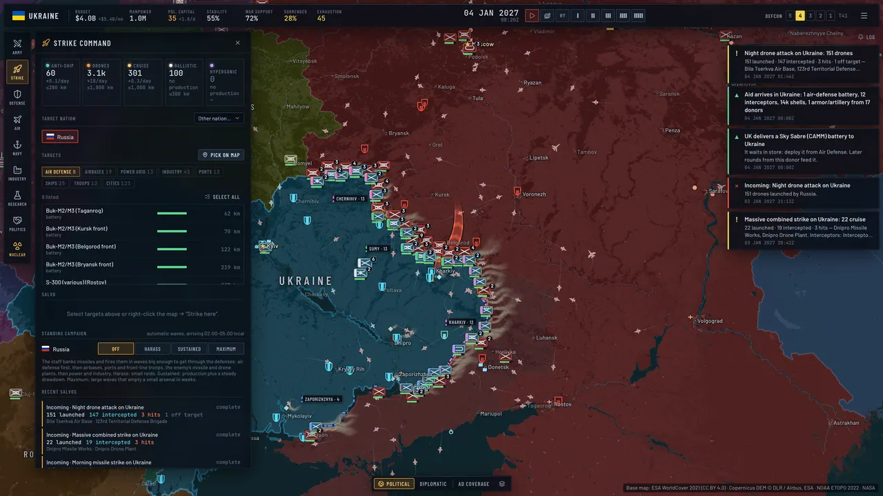 The strike panel with a target list and salvo composition, over a map of Ukraine and Russia.