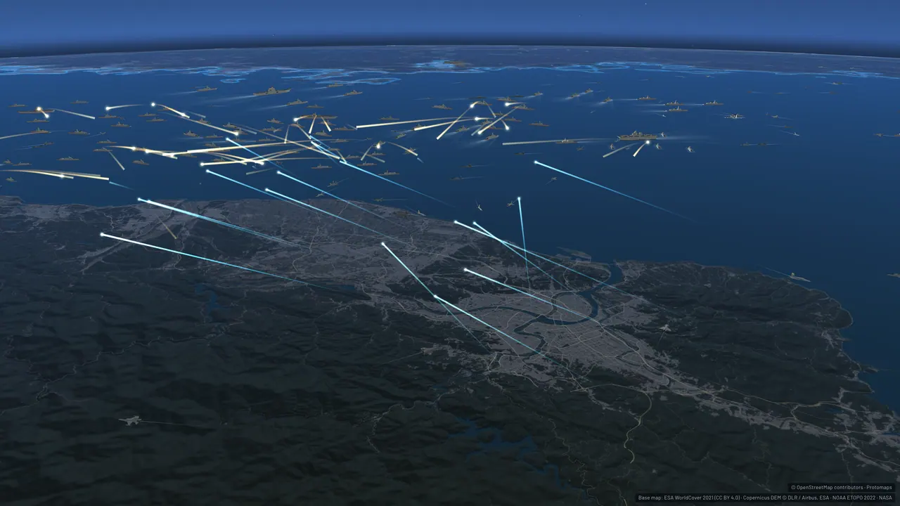 Interceptor trails climbing from the Taipei area toward incoming missiles.